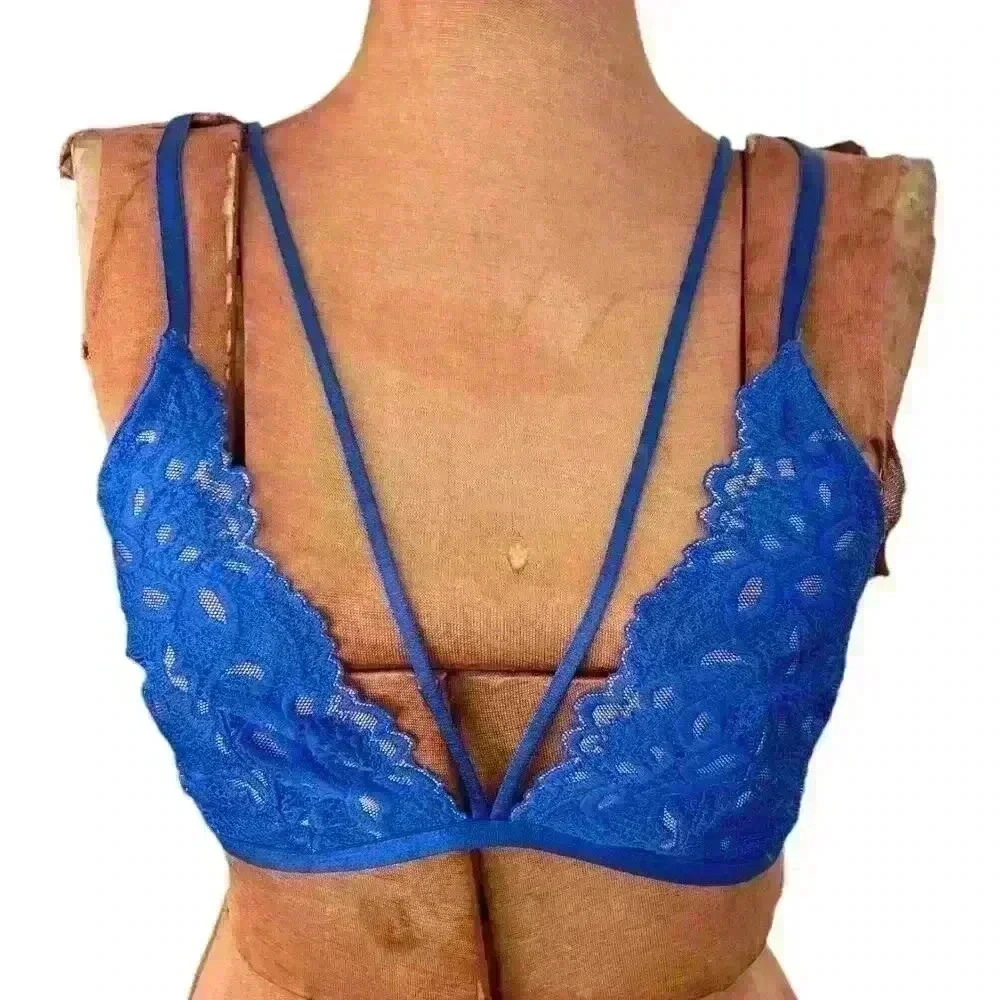 Frederick's Of Hollywood Sz M Jessica Bralette Blue Lace Sexy Comfy Unique NWT